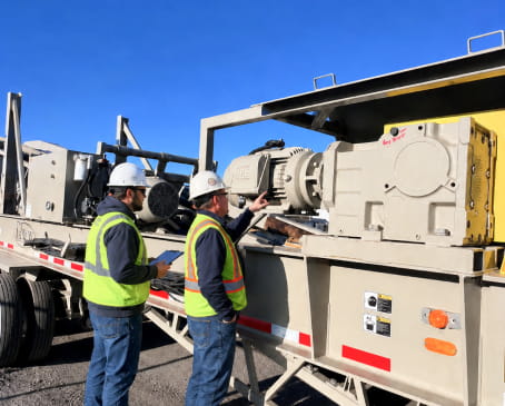 Two men in safety vests stand beside a large truck, discussing logistics in an industrial setting.